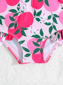 SHEIN Baby Girls Ruffled One-Piece Swimsuit With Random Print, Including Hat (Swimwear)