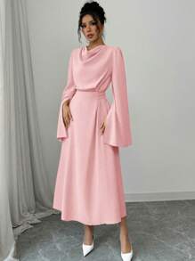 Elenzga Women Solid Color Ruffle Neck Split Flared Sleeve Dress, Elegant - Baby Pink - View 3