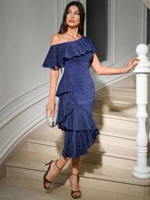 Modelyn Women's Solid Color Shiny Ruffle Hem Midi Dress - Blue - View 6