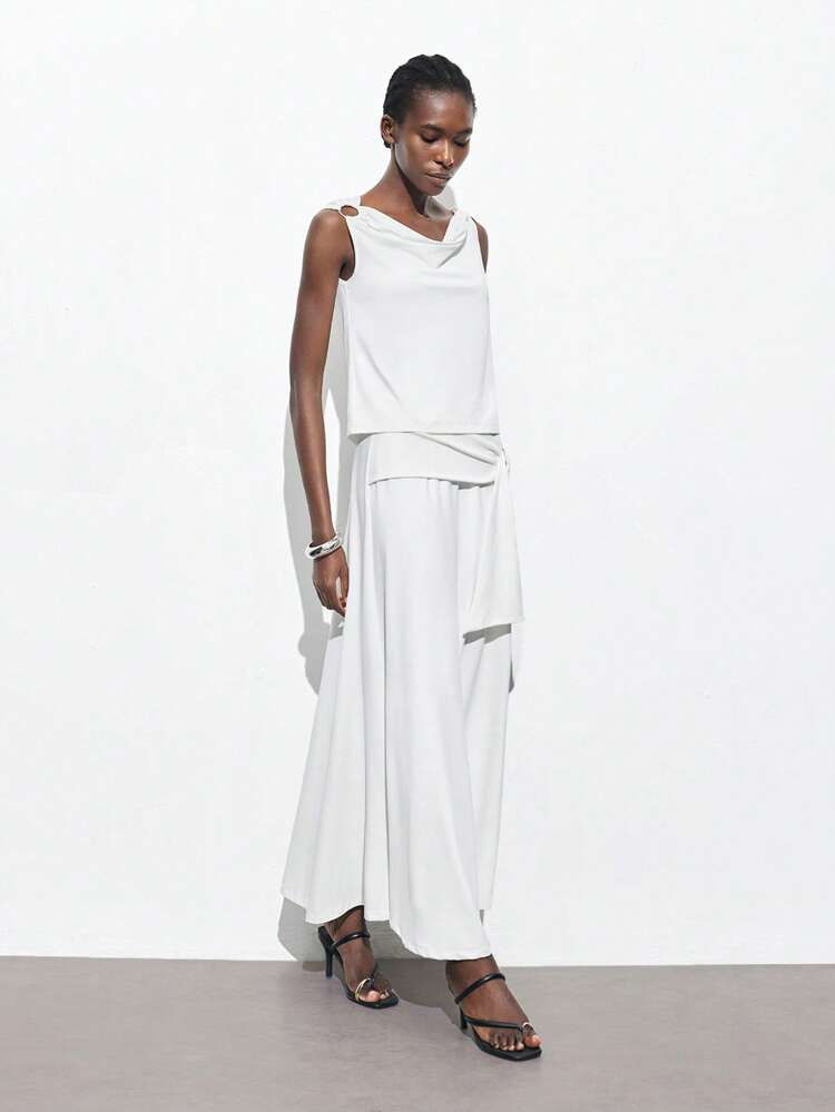 SHEIN Maija 2025 New Summer White Oblique Shoulder Metal Button Decoration Urban Vacation Modern Elegant Romantic Women's Tops Suitable For Going Out Holiday Party Music Festival Old Money Style