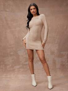 Hauture Robe en tricot moulante à manches longues, déchirée, de couleur unie pour femmes - Kaki - Voir 4