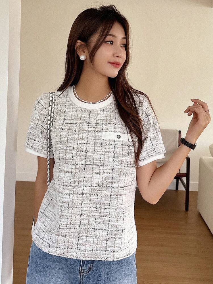 Plaid Print Button Detail Tee