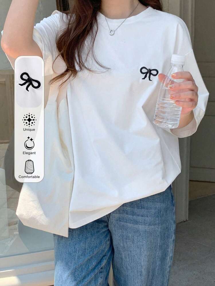 Bow Embroidered Loose Fit Short Sleeve Round Neck Women T-Shirt,Fall Clothes Preppy Tops