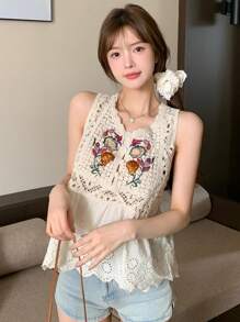 DAZY 波西米亚风夏季沙滩钩针提花V领背心，适合女士邮轮度假，可爱上衣，娃娃衫，休闲度假装扮 - 米色 - 查看 5