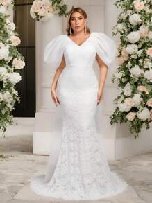 SHEIN Belle Vestido de novia elegante y romántico, de talla grande, con cuello en V, mangas abultadas, lazo y cola, de encaje blanco vintage