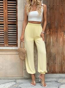 Breezaya Pantalones holgados tipo farol casuales para vacaciones de mujer, con cintura elástica, parcialmente transparentes, para primavera/verano - Amarillo - Ver 5