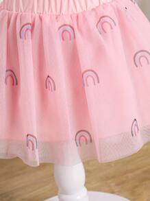 Baby Girls Sweet Unicorn Print Knitted Short Sleeve Top And Embroidered Rainbow Skirt 2 Pieces Set, Summer - Pink - View 6