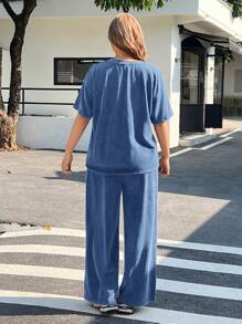 Muchica Plus Size Spring Summer Vintage Acid Wash Relaxed T-Shirt + Wide Leg Pants Loose 2 Pieces Set, Outfit Casual Sets For Women - Blue - View 2