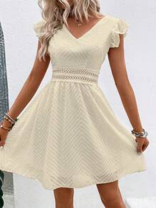 SHEIN LUNE Vacation Casual Solid Color Textured Cap Sleeve Dress - Apricot - View 4