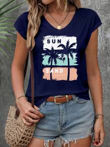 INAWLY Plus Size Casual Palm Tree Print T-Shirt - Navy Blue - View 6