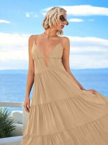 SHEIN VCAY Vestido largo de verano para mujer con tirantes, abertura frontal y volantes en el bajo