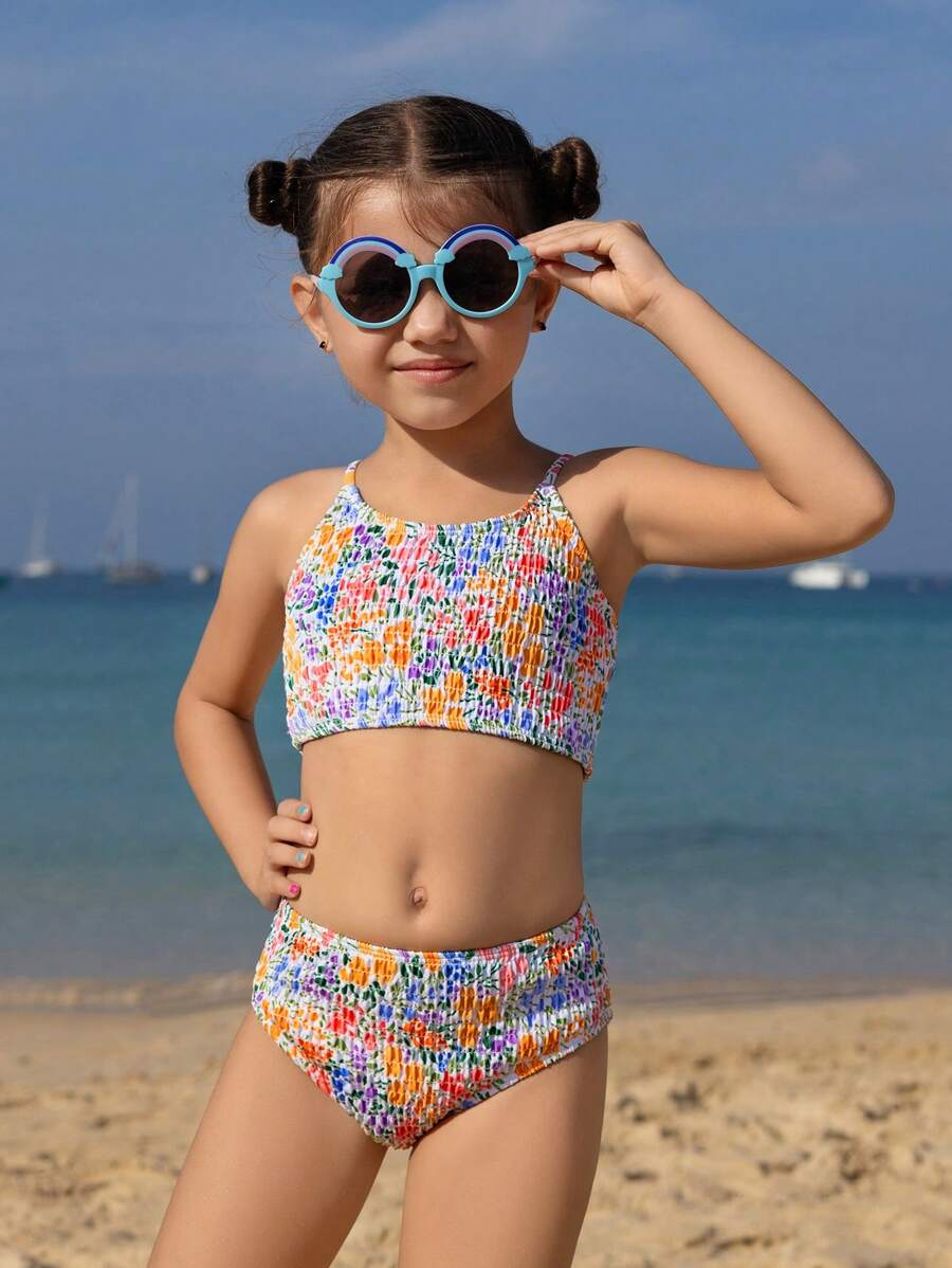 SHEIN 2pcs Young Girl Floral Print Bikini Set, Adjustable Shoulder Straps Top And Patterned Triangle Bottom - Multicolor - View 1