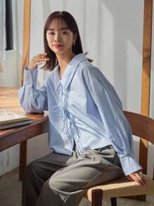 FRIFUL Women's Drop Shoulder Blouse With Front Lace Up Long Sleeve Top - Blue - View 6