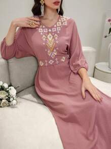 Al Najma Damen Lässig Langarm Kleid mit V-Ausschnitt und Stickerei