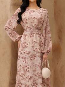 Graceveil Women's Chiffon Printed Round Neck Lantern Sleeve Cinched Waist Waist Romantic Elegant Dress,Modest - Pink - View 1