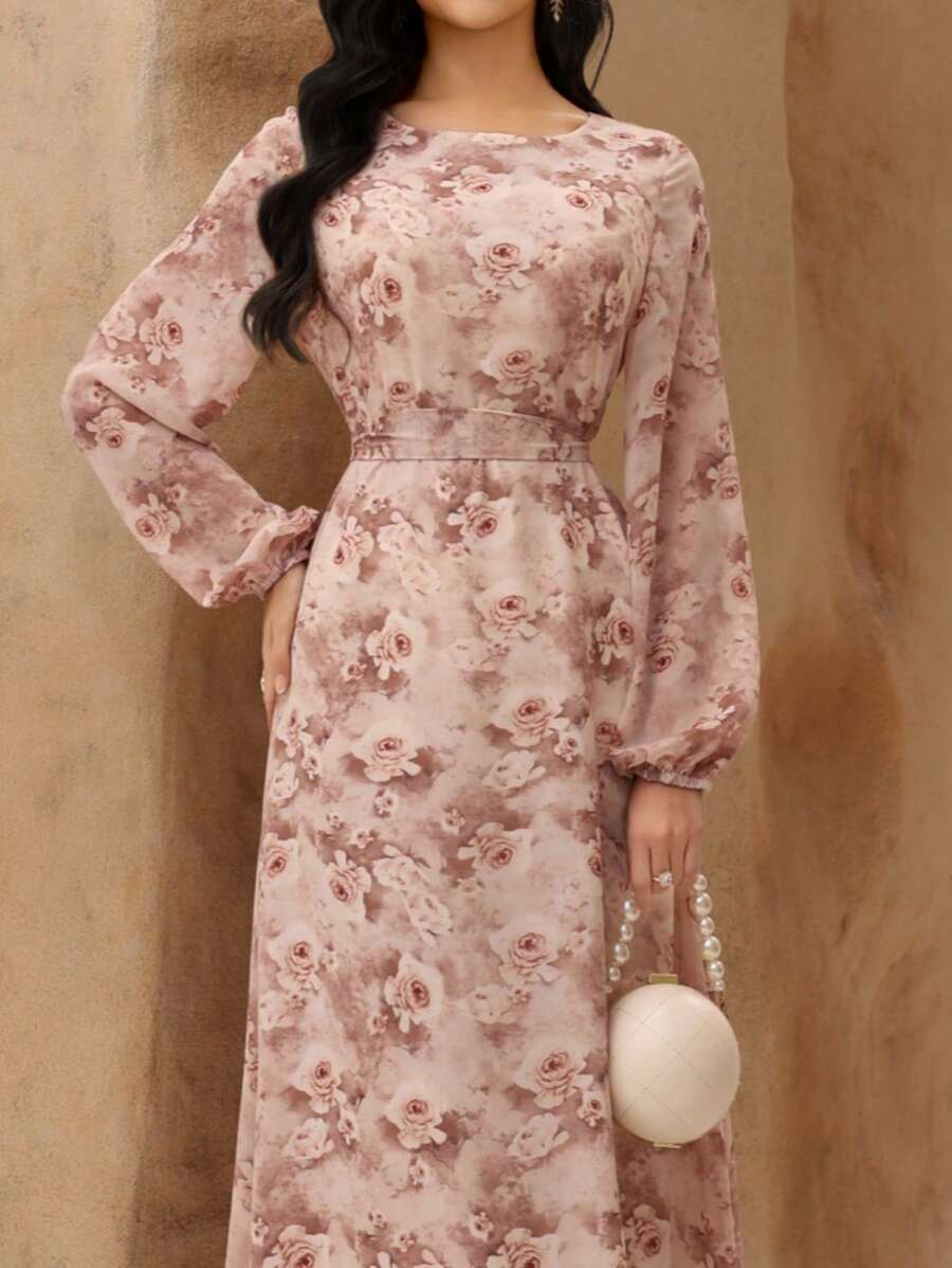 Graceveil Women's Chiffon Printed Round Neck Lantern Sleeve Cinched Waist Waist Romantic Elegant Dress,Modest - Pink - View 1