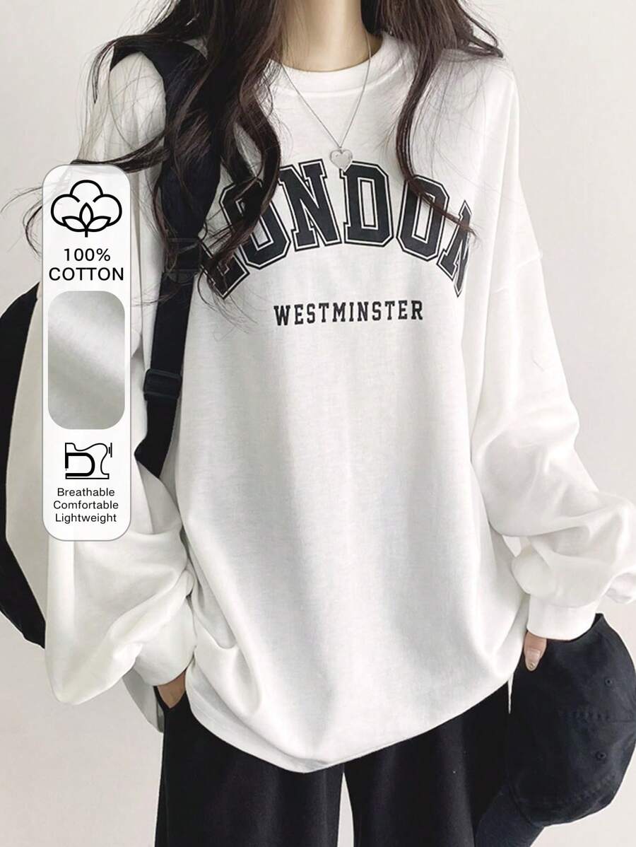 DAZY Letter Graphic Drop Shoulder Oversized Tee,Fall Clothes Preppy Tops Long Sleeve Women Tops - White - View 1