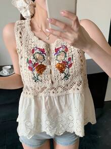 DAZY 波西米亚风夏季沙滩钩针提花V领背心，适合女士邮轮度假，可爱上衣，娃娃衫，休闲度假装扮 - 米色 - 查看 7