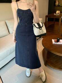 DAZY Women's Long Casual Denim Overall Dress With Pockets Sundress
