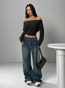 SHEIN EZwear Women's Off Shoulder Solid Color Long Sleeve Crop Top