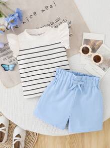 Baby Girl Striped Crew Neck Cap Sleeve Top And Shorts Casual Set - Blue and White - View 4