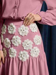 Modelyn 2 件套女士单排扣灯笼袖衬衫和花朵装饰 A 字裙套装 - 中紫紅色 - 查看 5