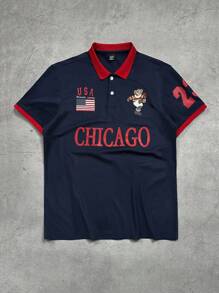 Manfinity Hypemode Men's Casual Contrast Trim Letter Print Short Sleeve Polo Shirt, Polos For Men - Navy Blue - View 1