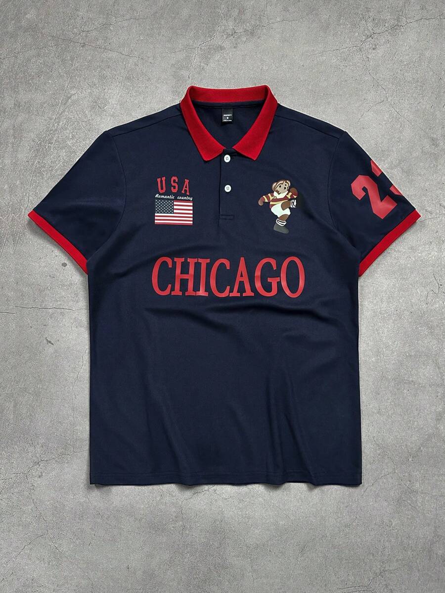 Manfinity Hypemode Men's Casual Contrast Trim Letter Print Short Sleeve Polo Shirt, Polos For Men - Navy Blue - View 1