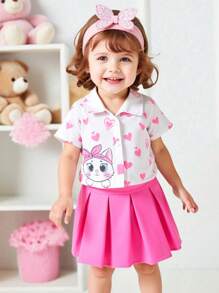 女婴心形猫图案粉色短袖衬衫和百褶裙套装，适合日常外出、购物、摄影、夏季 - 彩色 - 查看 2