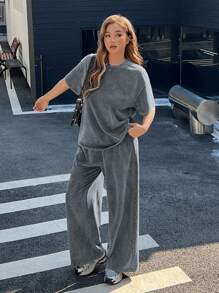 SHEIN EZwear Plus Size 2pcs Set: Distressed Acetate Gray Melange Loose T-Shirt + Wide Leg Pants, Cotton Suit, Comfortable Spring/Summer Outfit Casual Sets For Women