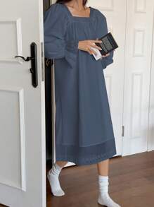 DAZY Spring Sweet Lace Collar Patchwork Ruffle Hem Nightgown Pajama - Navy Blue - View 4