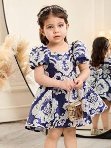 SHEIN Leap Crew Babygirl Summer Cute & Elegant Floral Print Dress - Blue - View 4