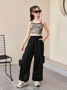 SHEIN Tween Girl Fashion Street Solid Woven Cargo Pocket Drawstring Decor Loose Wide Leg Black Pants, Suitable For Casual Outing, Back To School, Y2K, Mommy And Me Matching - Black - View 3