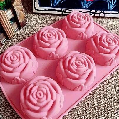 1 pieza Molde de silicona en forma de rosa de 6 cavidades de color rosa, resistente as temperaturas, molde para hacer jabón artesanal DIY, adecuado para Navidad