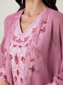 Al Najma Conjunto de 2 piezas para mujer: Bata de gasa con estampado floral de manga larga y vestido escote en V, elegante