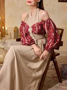 Al Najma 女式拼色印花拼接露肩挂脖阿拉伯连衣裙 - 彩色 - 查看 2