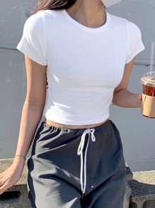 DAZY Camiseta corta de tela sólida, estilo preppy - Blanco - Ver 2