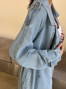 DAZY 女式休闲长款翻领双排扣牛仔夹克，秋季，返校服装 - 藍色 - 查看 3