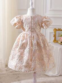 Abito elegante da ragazza con maniche a palloncino jacquard, stile principessa, adatto per uso quotidiano, feste e festival, adatto per estate - Rosa Baby - Visualizzare 2