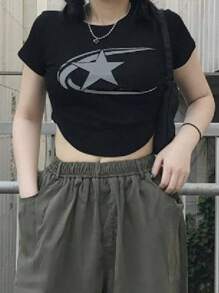 DAZY 女式星星月亮印花短款 T 恤 Y2k - 黑色 - 查看 6