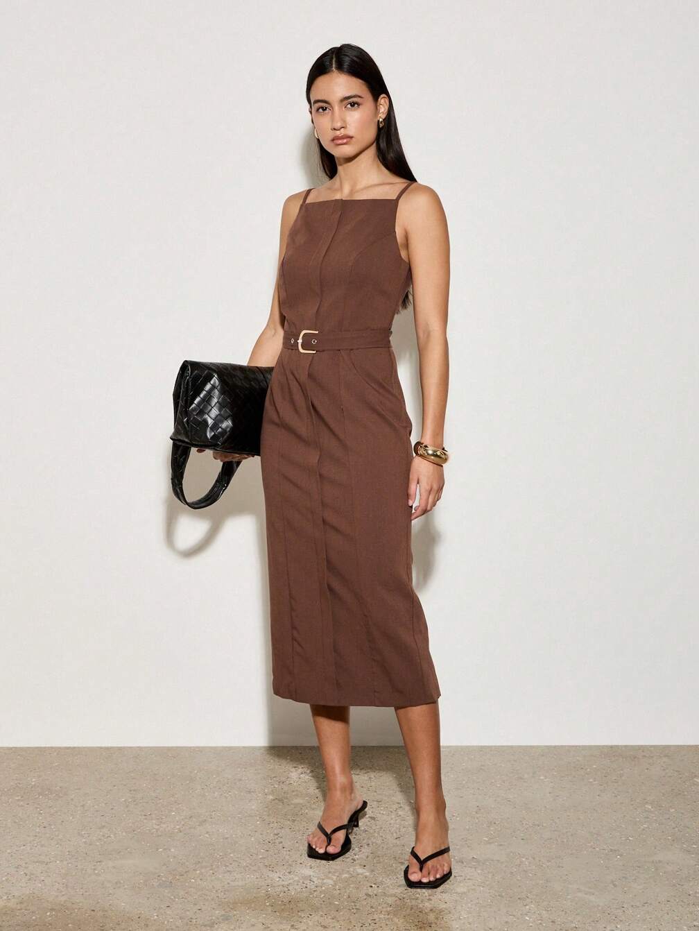 brown office dress AiiRZ Square Neck Midi Dress Business Professional Sleeveless A-Line Belted Office Career Church Summer Fall Wedding Guest Tea Length,S