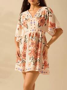 CAJUNI Đầm ngắn rộng rãi cổ chữ V họa tiết hoa nhiệt đới Boho dành cho nữ, trang phục đi biển thường ngày ngày lễ mùa hè - Nhiều màu - Xem 5
