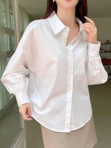 DAZY 女士商务休闲纯色长袖衬衫秋季 - 白色 - 查看 5