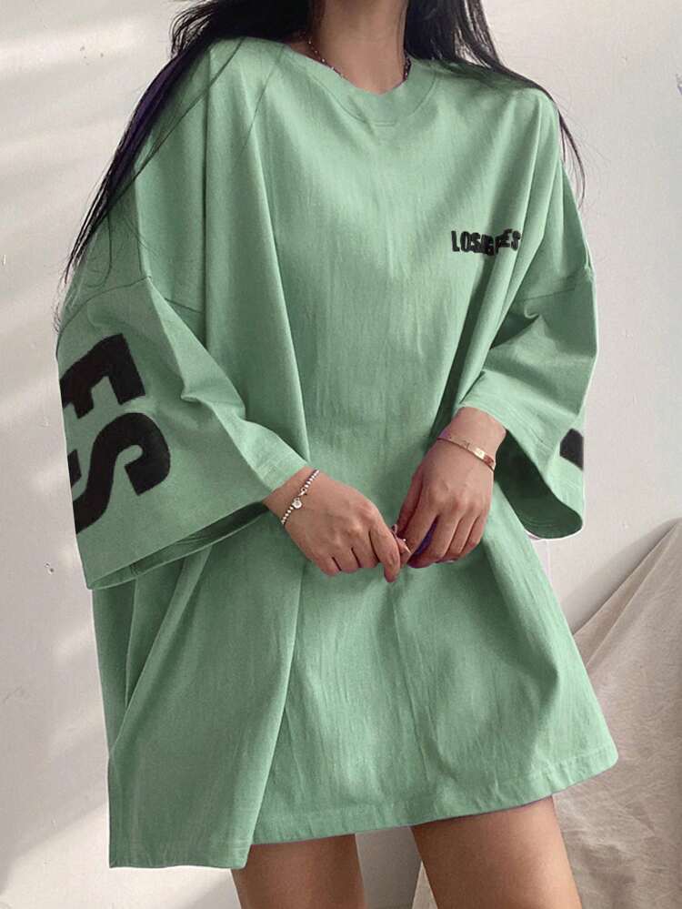 Women's Summer Letter Printed Round Neck Drop Shoulder Loose Casual T-Shirt Oversized T-Shirt Long Sleeve