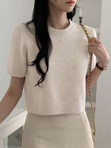 DAZY Solid Color Round Neck Short Sleeve Fitted Cropped Casual Knit Top For Women, Summer - Beige - View 1