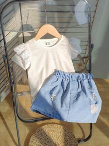 Bébé/Tout-petit Filles Mignon Décontracté Minimaliste Quotidien Dentelle Volant Ourlet unicolore Blanc Doux Tricoté T-Shirt à Manches Courtes et Jupe Mini en Jean à Taille Élastique Bleue, Nouveau Printemps/Été, Convient pour le Quotidien, les Vacances et les Sorties