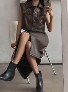 DAZY 女士秋冬 PU 皮革无袖背心和长开衩口袋裙两件套，时尚 - 鏽棕色 - 查看 5