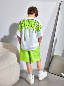 SHEIN Ensemble t-shirt à manches courtes et shorts pour garçons pré-adolescents, streetwear - Blanc - Voir 1