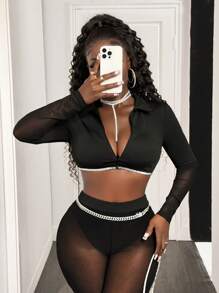 BamGleam 时尚性感闪光胶带装饰短款上衣 - 黑色 - 查看 6