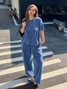 Muchica Plus Size Spring Summer Vintage Acid Wash Relaxed T-Shirt + Wide Leg Pants Loose 2 Pieces Set, Outfit Casual Sets For Women - Blue - View 1